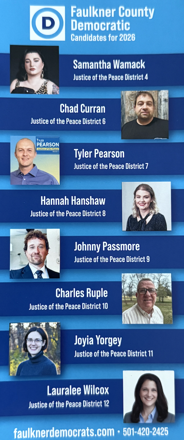 Faulkner County Democratic candidates for 2026 — Justice of the Peace districts, names and photos on a vertical banner