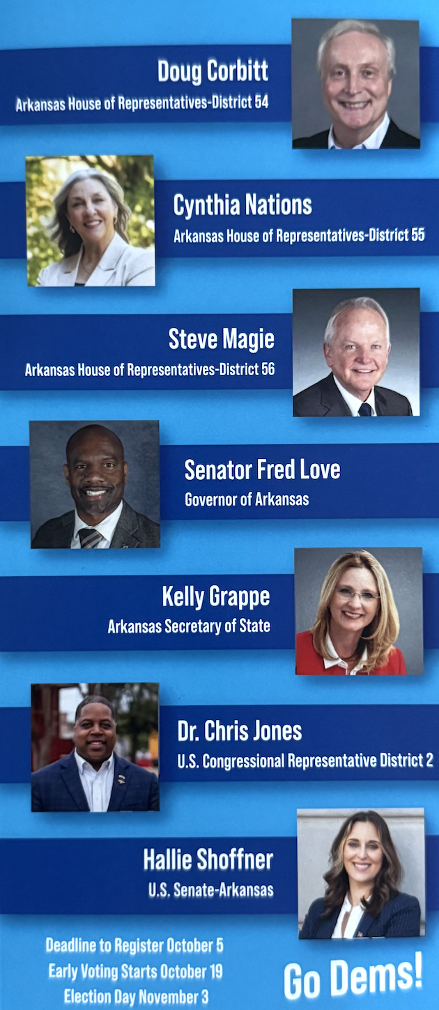 Democratic candidates for Arkansas and federal offices in 2026 — vertical campaign banner with names, offices, and key election dates